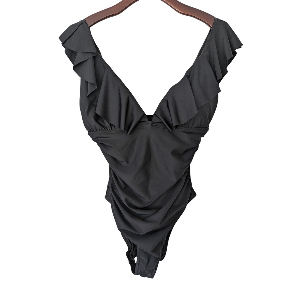 J. Crew Ruched Ruffle One-Piece Swimsuit Size 12 Black NWT $118‎ BP222